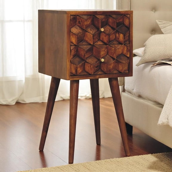 Wooden Nightstands, Mini Chestnut Cube 2 Drawer Nightstand, Chestnut Nightstands With Drawers,Solid Wood Bedside Nightstands, Furniture Bedroom Furniture Nightstands Mini Chestnut Cube 2 Drawer Night