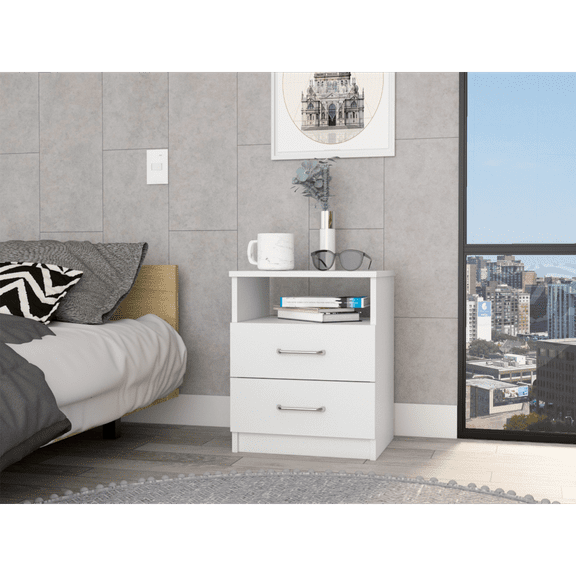 Wooden Nightstands Nightstand 20"H, Two Drawers, Open Shelf, Superior Top, White,Bedside Nightstands