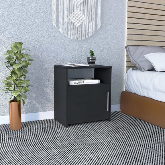 Wooden Nightstands Nightstand, Single Door Cabinet, Metal Handle, One Shelf, Superior Top, Black,Bedside Nightstands