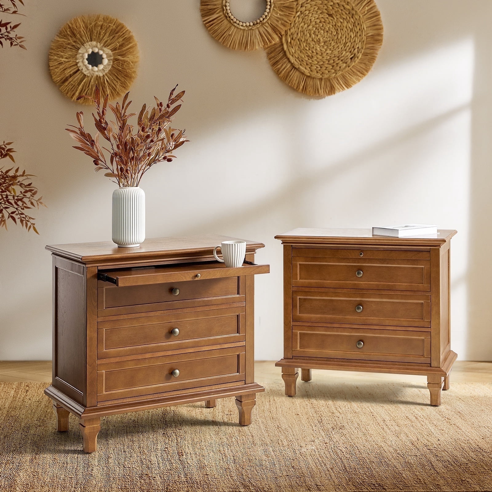 Tina's Home Farmhouse Acorn Soild wood End Tables Set of 2 with Charging Station, 3 Drawer Side Table with Pull-Out Tray for Living Room, Small Spaces