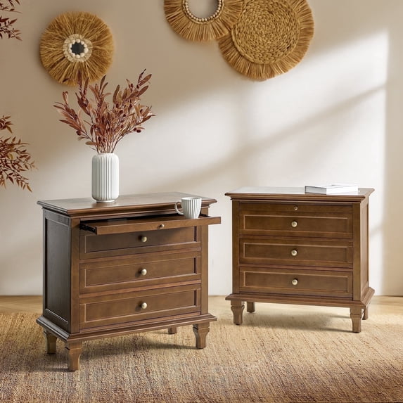 Tina's Home Farmhouse Walnut Soild wood End Tables Set of 2 with Charging Station, 3 Drawer Side Table with Pull-Out Tray for Living Room, Small Spaces