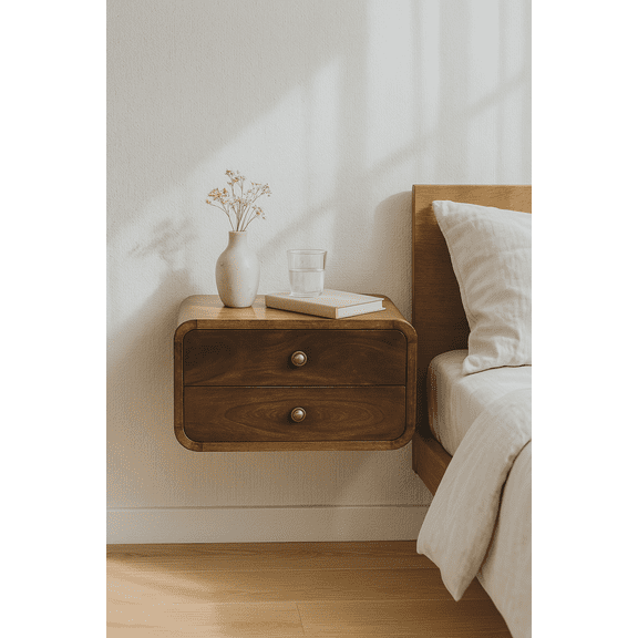 Wooden Nightstands Solid Wood Curved California Walnut Wall-Mounted Bedside, 2-Drawers,Bedside Nightstands