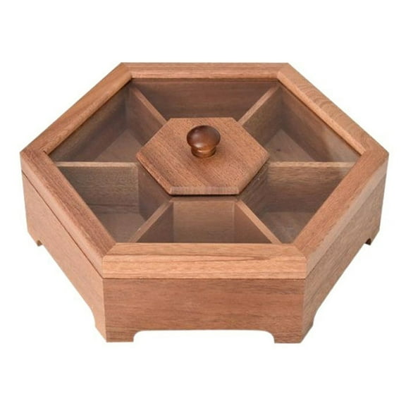 Wooden Nut Bowl with Lid, Divided Snack Tray for Dried Fruits, Candies & Biscuits, Large Transparent Lid