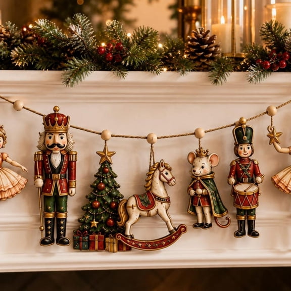 Wooden Nutcracker Ballet Christmas Banner, Storybook Character Garland with Natural Beads and Double-Sided Printed Ornaments for Holiday Home Decor, 1 Pc