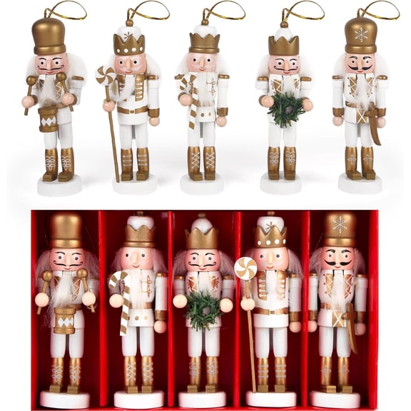 Wooden Nutcracker Christmas Decor Hanging Ornaments Soldier for Christmas Tree Gift Shelves Table Decoration 5 Inch, 5 Pcs