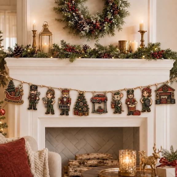 Wooden Nutcracker Christmas Garland, Mechanic Workshop Storybook Banner for Mantel, Garage Owners
