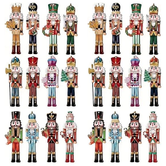 Wooden Nutcracker Ornaments, 12/24-Piece Hanging Decoration Set for Christmas Tree and Holiday Home Decor