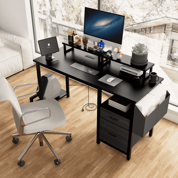 Wooden Office Desk with Monitor Stands and Storage Shelf, 47" Home Desk with Power Socket,2 Drawers, CPU Compartment, Document Side Pocket, Black