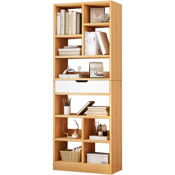 Wooden Open Shelf Bookcase - 71 Inches Tall Freestanding Display Storage Cabinet Organizer with 10 Cubes and a Drawer, Floor Standing Bookshelf in Maple Yellow