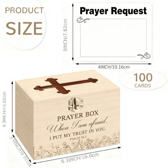 Wooden Openwork Cross Prayer Box with 100 Blank Prayer Cards,Rustic Religious Request Box with Hinged Lid Latch,Suitable for First Communion Christmas Christian Decoration