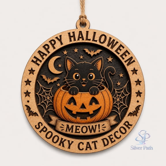 Wooden Ornament Black Cat Pumpkin Halloween Wood Hanging Decor for Cat Lovers
