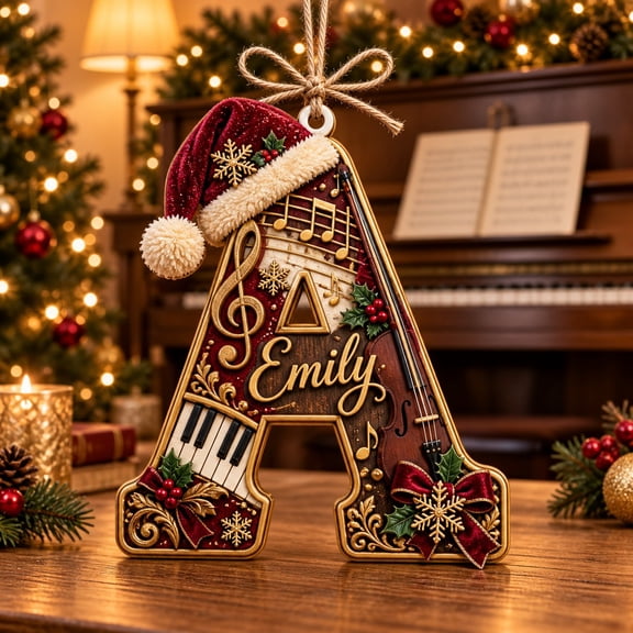 Wooden Ornament, Burgundy Gold Christmas Musical Initial Hanging Decoration for Teachers