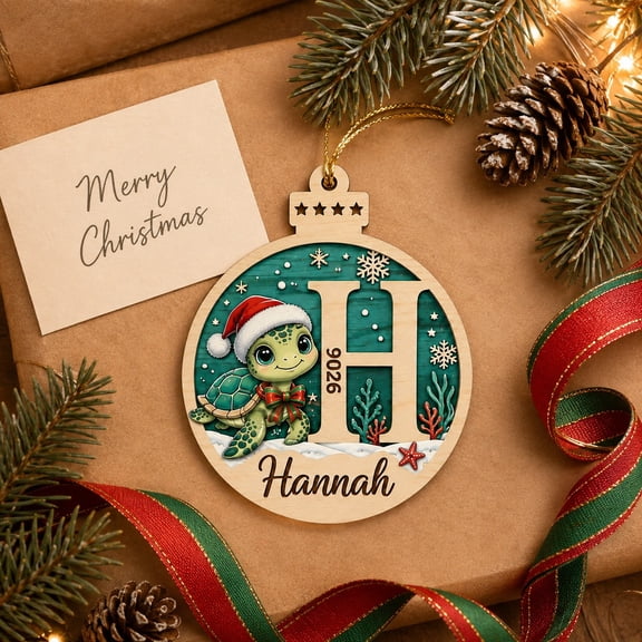 Wooden Ornament Christmas Sea Turtle Tree Hanging Personalized Name Keepsake