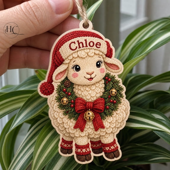 Wooden Ornament Christmas Sheep Red Bonnet and Pine Wreath Wood Tree Hanging for Holiday Decor