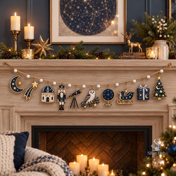 Wooden Ornament Garland Celestial Nutcracker, Midnight Navy Silver Gold Mantel Decoration for