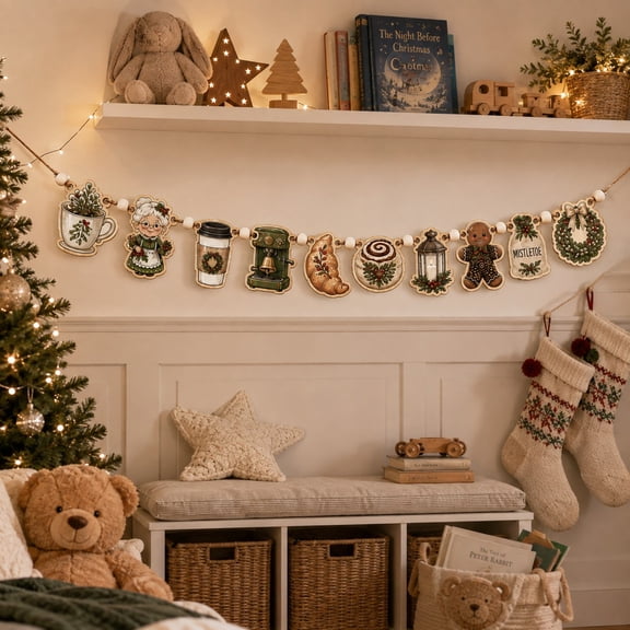 Wooden Ornament Garland Christmas Mistletoe Hanging Mantel Decor for Holiday Home