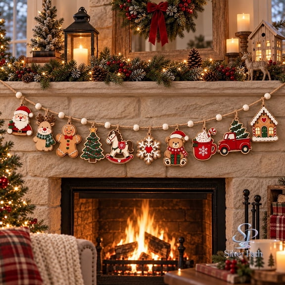 Wooden Ornament Garland Christmas Santa Reindeer Gingerbread Mantel Hanging for Holiday Hosts