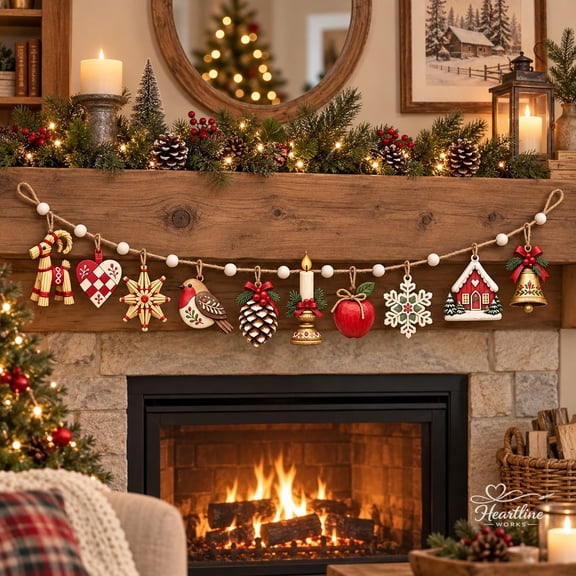 Wooden Ornament Garland, Classic Folk Christmas Mantel Hanging for Holiday Hosts