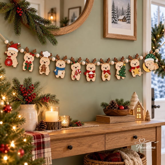 Wooden Ornament Garland, Cute Christmas Reindeer Holiday Hanging for Festive Mantels