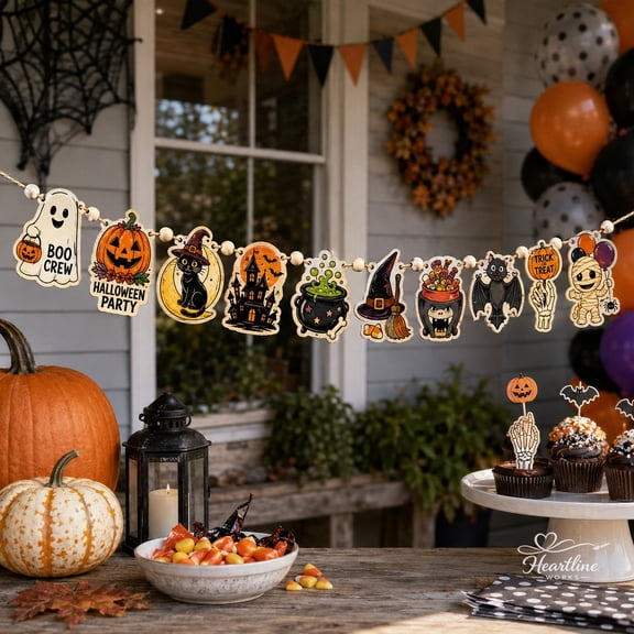 Wooden Ornament Garland Halloween Ghost Pumpkin Black Cat Witch Hat Decor