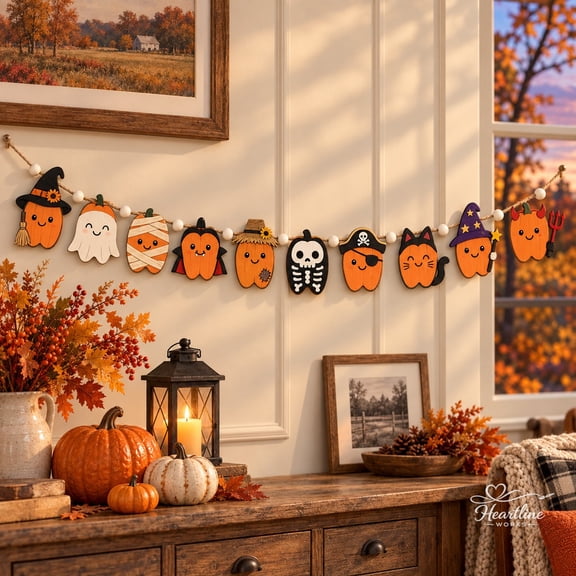 Wooden Ornament Garland, Halloween Pumpkin Characters, Mantel Hanging for Fall Party