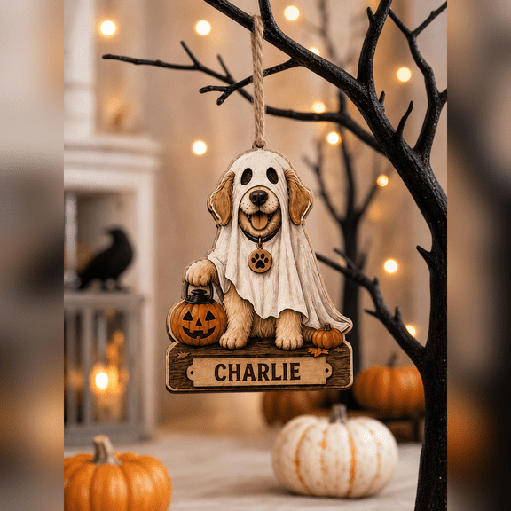 Wooden Ornament Ghost Dog Custom Wood Hanging Decor for Pet Halloween Lovers