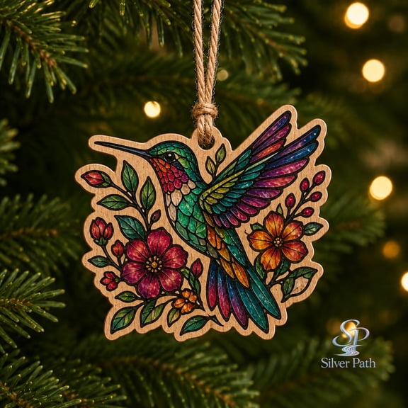 Wooden Ornament Hummingbird Floral Stained Glass Style Wood Tree Hanging for Nature Christmas Decor