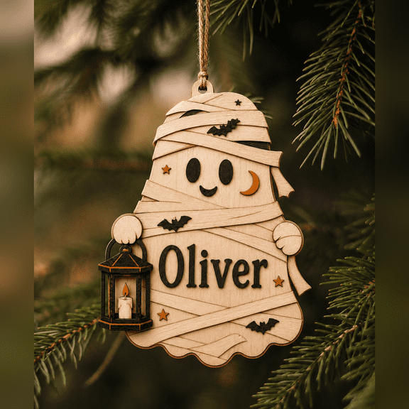 Wooden Ornament Mummy Ghost Personalized Wood Tree Hanging for Halloween or Christmas