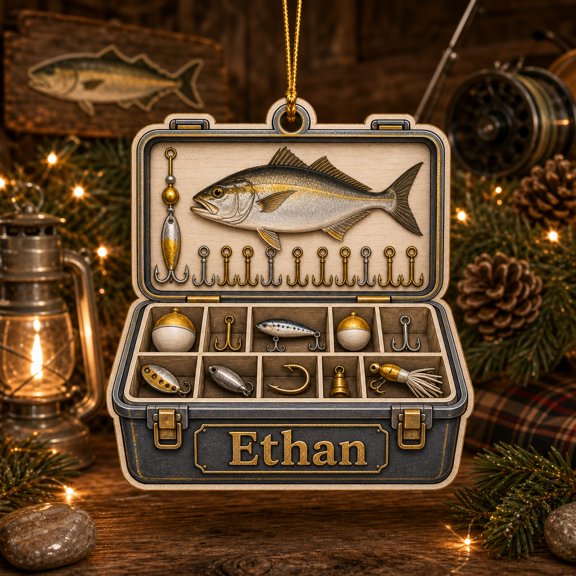 Wooden Ornament Personalized Amberjack Tackle Box Gold and Silver Hanging Keepsake for Fishing Lovers