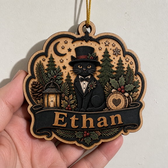 Wooden Ornament Personalized Black Cat Groom Rustic Christmas Tree Hanging for Wedding Holiday Gift