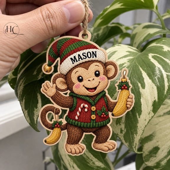 Wooden Ornament Personalized Christmas Monkey Elf Hat Wood Tree Hanging for Monkey Lovers