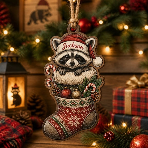 Wooden Ornament Personalized Christmas Raccoon Tree Hanging for Raccoon Lovers