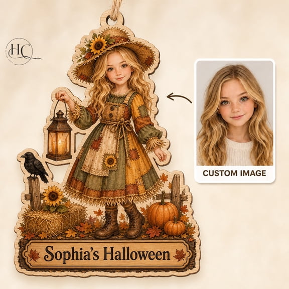 Wooden Ornament Personalized Scarecrow Portrait Wooden Hanging Keepsake for Halloween