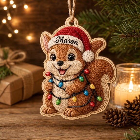 Wooden Ornament Personalized Squirrel Christmas Tree Hanging for Woodland Holiday Decor