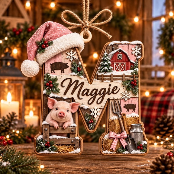 Wooden Ornament, Pig Farm Initial Farmhouse Hanging Christmas Gift for Ranchers