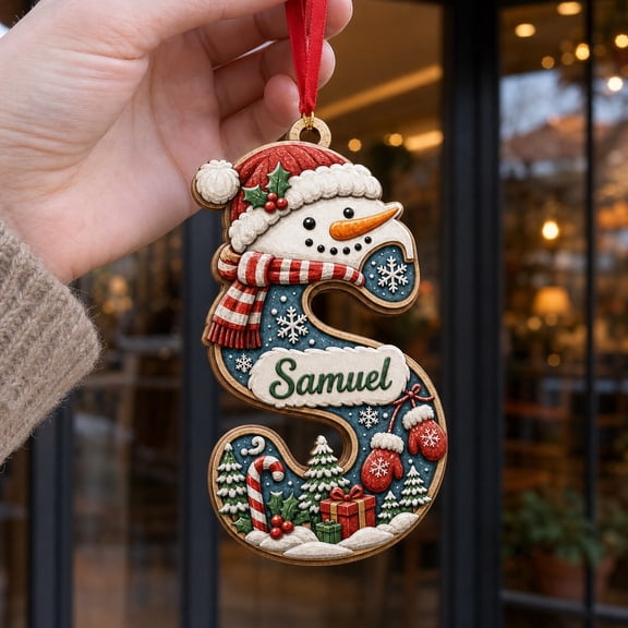 Wooden Ornament Snowman Christmas Initial Wood Tree Hanging Personalized Holiday Gift