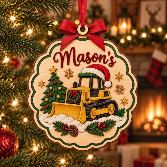 Wooden Ornament, Yellow Bulldozer and Forest Green Evergreen Hanging for First Christmas Keepsake
