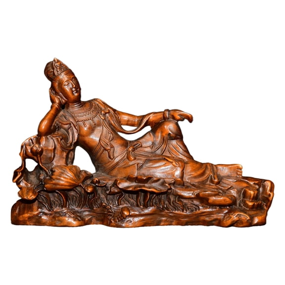 Wooden Ornaments Carved Guanyin Reclining Chinese Figurine Statue Buddhist Decor Serenity Compassion Purity Harmony Divinity