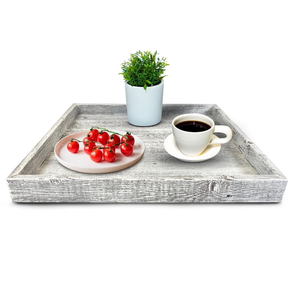 Wooden Ottoman Tray with Felt Pad Decorative Couch Serving Tray Made with Real Rustic Reclaimed Wood - Perfect for Living Room Ottomans, Sofas, & Coffee Tables -18" x 18"- White Wash