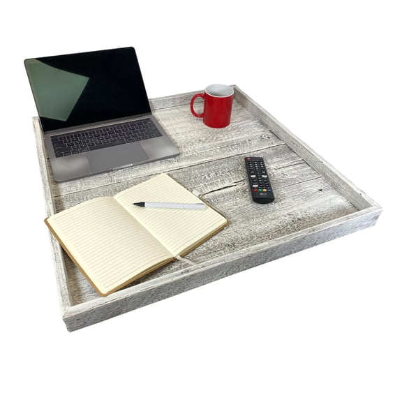 Wooden Ottoman Tray with Felt Pad Decorative Couch Serving Tray Made with Real Rustic Reclaimed Wood - Perfect for Living Room Ottomans, Sofas, & Coffee Tables -24" x 24"- White Wash