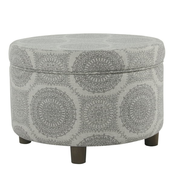 Wooden Ottoman with Medallion Patterned Fabric Upholstery and Hidden Storage Gray- Saltoro Sherpi