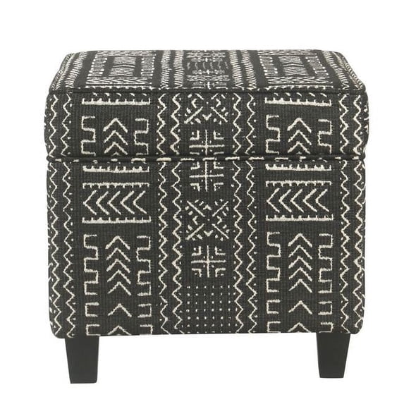 Wooden Ottoman with Tribal Patterned Fabric Upholstery and Hidden Storage Black and White - 16.5 x 17.5 x 17.2