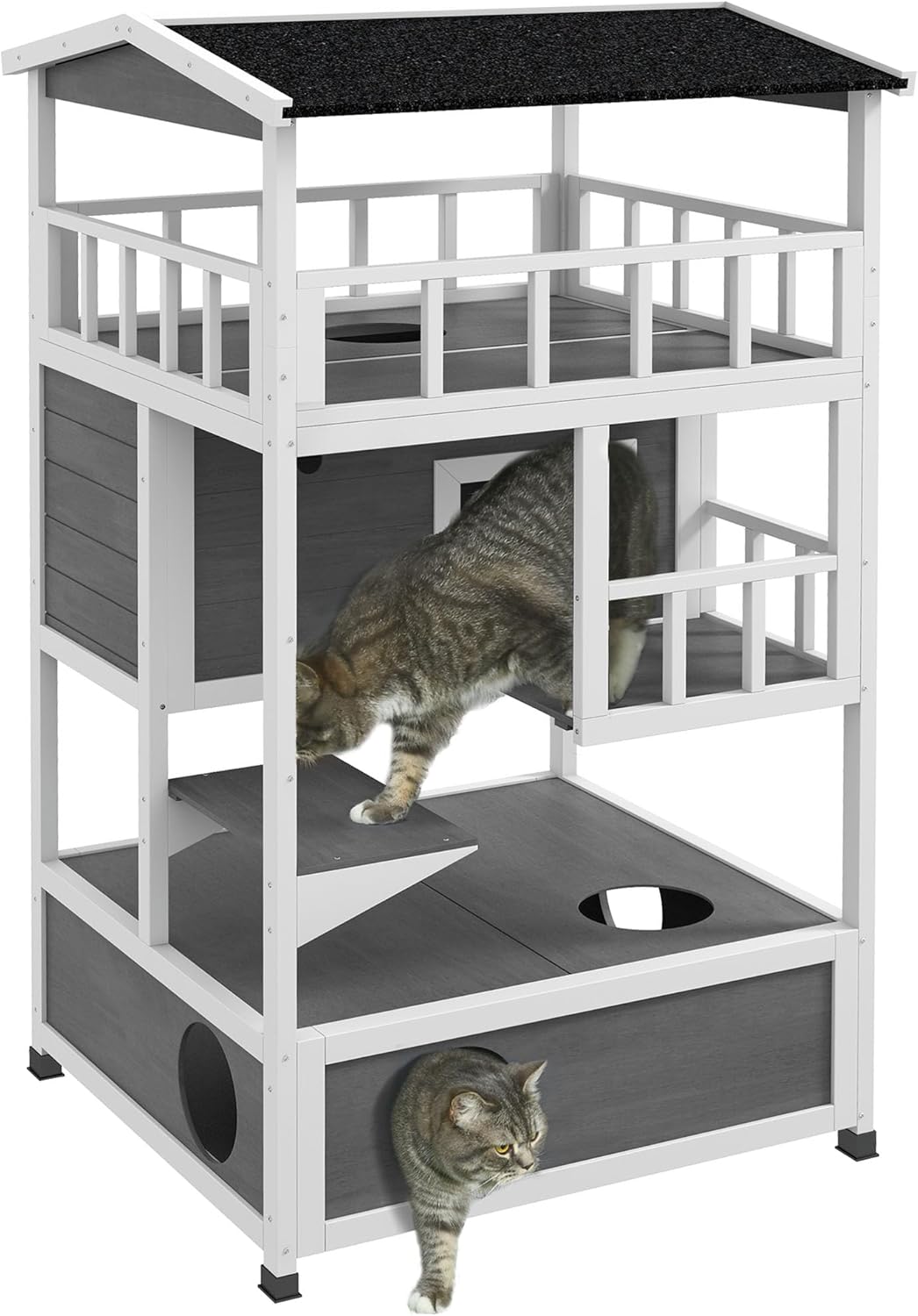 Wooden Outdoor Cat House, Feral Cat Shelter Kitten Condo with Asphalt