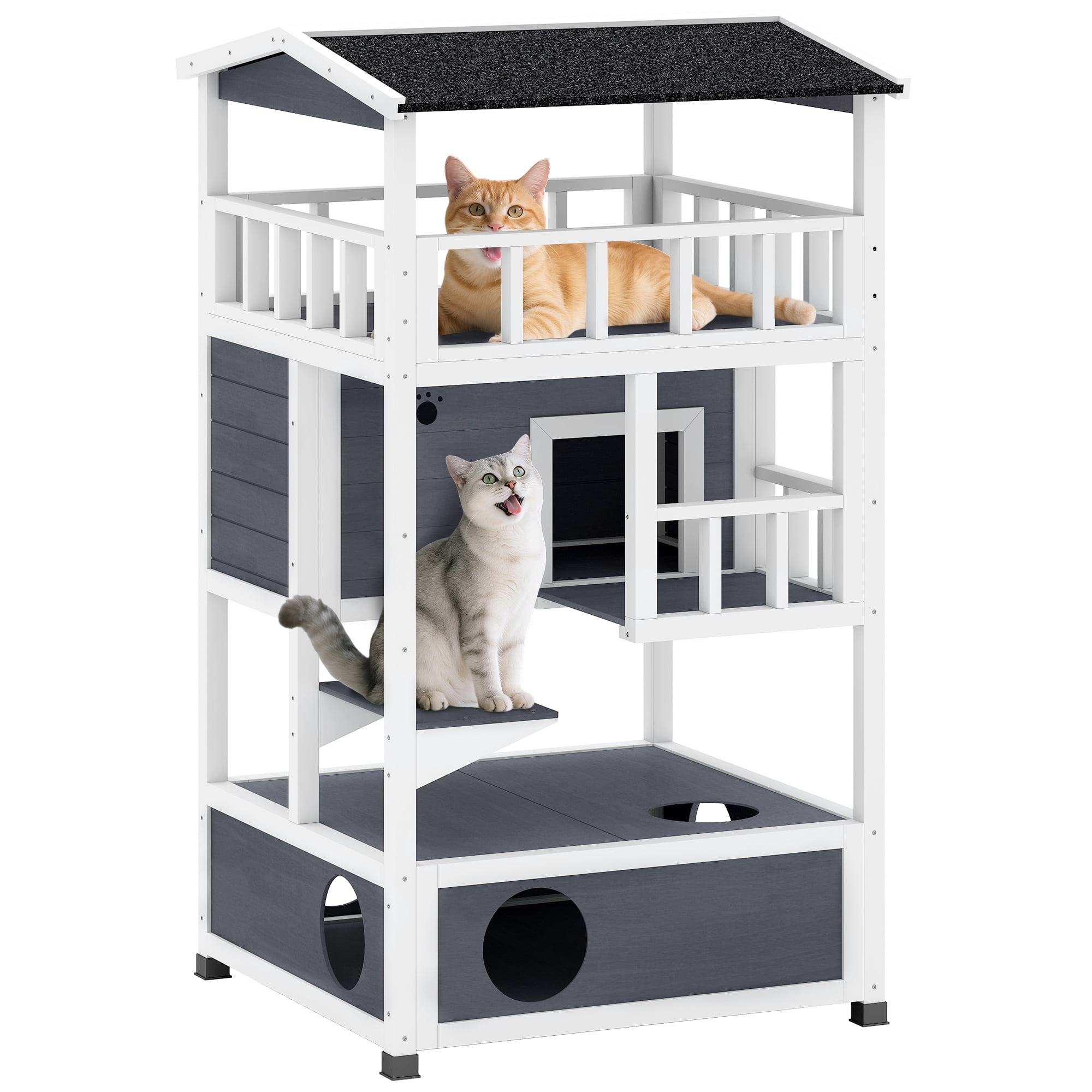 Wooden Outdoor Cat House, Feral Cat Shelter Kitten Tree with Asphalt Roof, Escape Doors, Condo, Jumping Platform, Grey