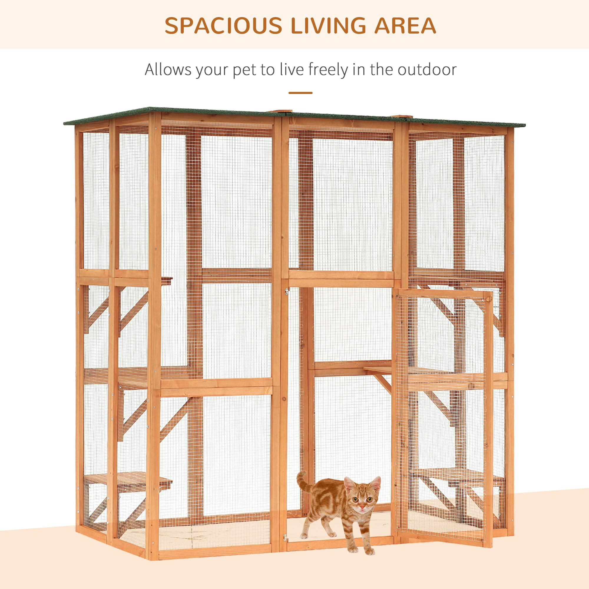 Wooden Outdoor Cat House Large Catio Enclosure for Multiple Cats, Spacious Interior with 6 High Ledges, Weatherproof Asphalt Roof, Durable Fir Wood Construction, 71 Inch Length, Orange