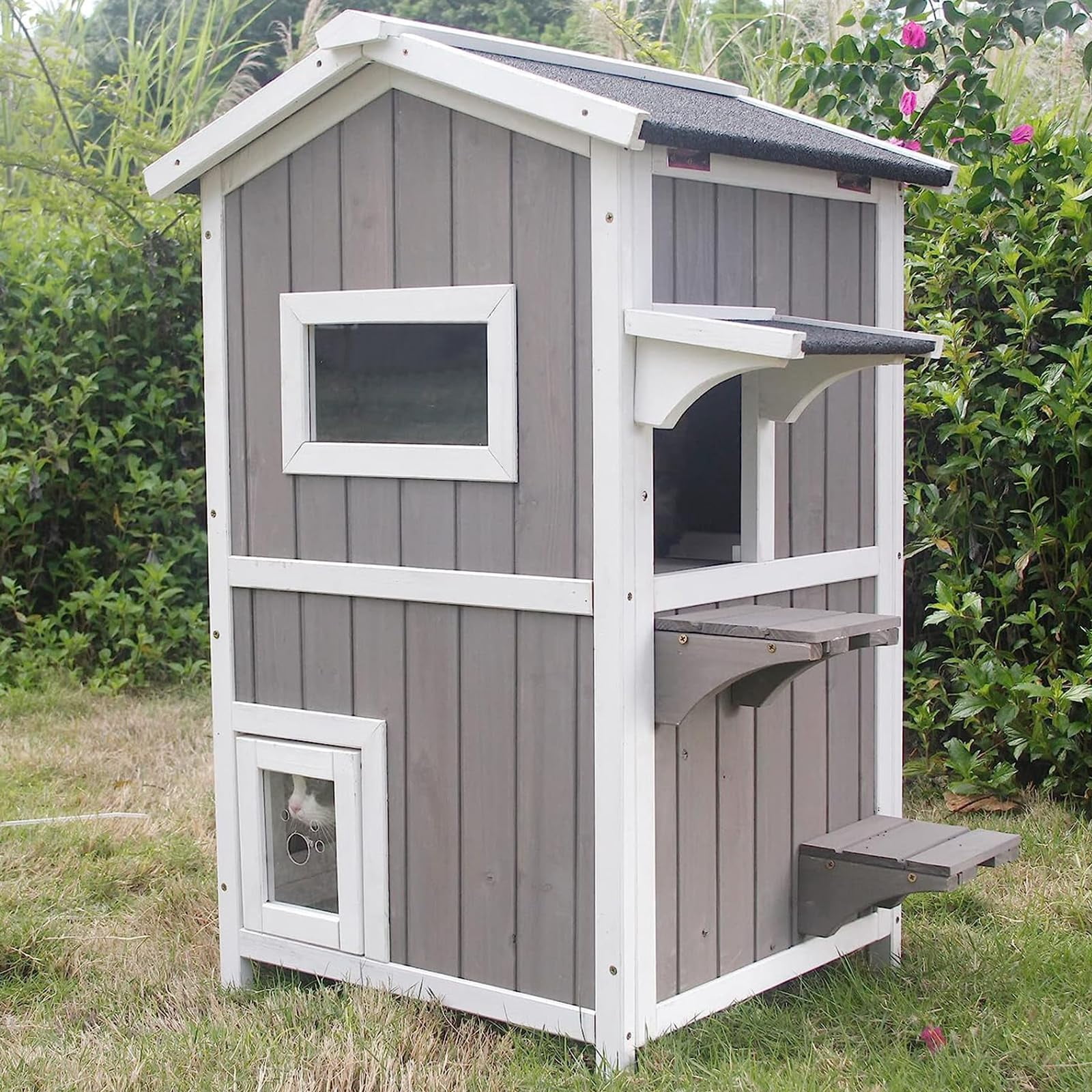 Wooden Outdoor Cat House Shelter Two Story with Openable Roof, Escape Door, Weatherproof Design for Feral Cats, Indoor Outdoor Use, green