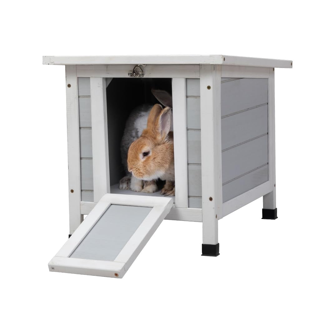 Wooden Outdoor Cat House Weatherproof Rabbit Hutch Bunny Cage Chicken Coop Shelter with Elevated Floor, for Feral Cats Rabbits Guinea Pigs Ducks, Grey