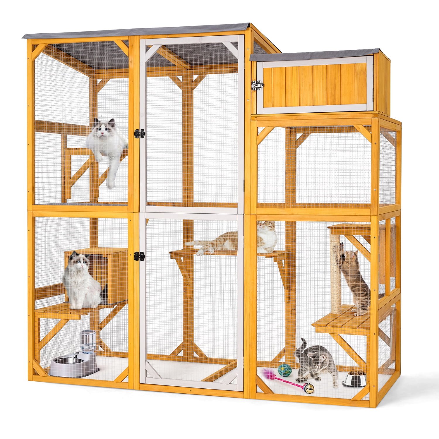 Wooden Outdoor Catio Enclosure for Pets with Scratching Post, Multi-Level Perches & Hideaways, Weatherproof Indoor/Outdoor Cat House with Roof, 5 Platforms & Resting Den, UV-Resistant