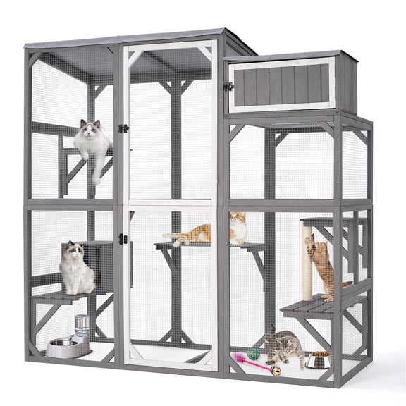 Wooden Outdoor Catio Enclosure for Pets with Scratching Post, Multi-Level Perches & Hideaways, Weatherproof Indoor/Outdoor Cat House with Roof, 5 Platforms & Resting Den, UV-Resistant
