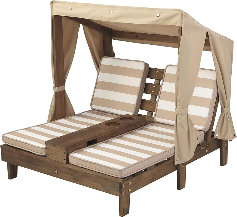 Espresso Cedar Kid-Sized Outdoor Double Chaise Lounger with Canopy